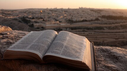 An open book sits on the stone, bathed in the warm light of the sunrise, its pages filled with intricate words. ..Created with Generative AI, not depicting real subjects.