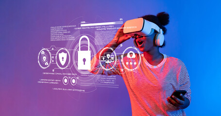 A person enjoying a virtual reality experience while interacting with holographic cybersecurity...