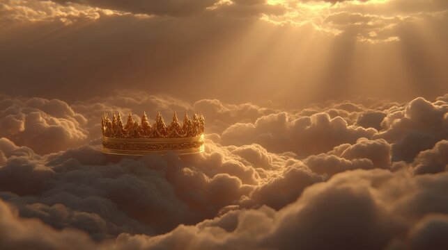 A glorious crown is floating majestically atop a sea of clouds. ..Created with Generative AI, not depicting real subjects.