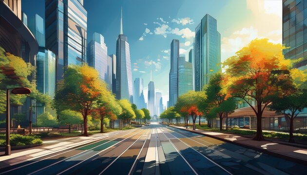 urban avenue modern cityscape with trees and skyscrapers - Powered by Adobe