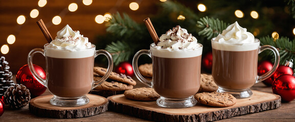 A festive winter scene with two glass mugs of creamy hot chocolate topped