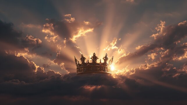 A majestic golden crown, representing royalty, is dramatically placed amidst a stunning, sunlit sky filled with clouds. ..Created with Generative AI, not depicting real subjects.