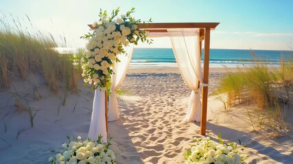 Romantic Beach Wedding Ceremony Setup with Floral Arch and White Drapery Overlooking the Ocean on a Sunny Day