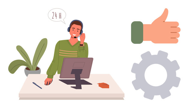 Male customer service agent wearing a headset actively assisting via call at a desk with a computer. Includes thumbs-up sign and gear, ideal for support, communication, efficiency, reliability