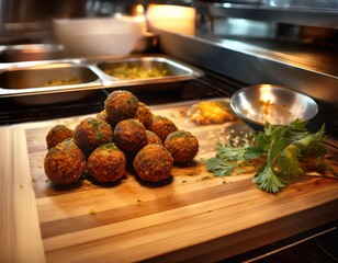 vibrant food photography homemade falafel balls in restaurant kitchen