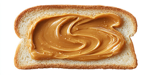 Top-down photo of a bread slice covered with tofu pâté spread, isolated on a white background.