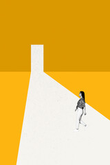 Image poster pop banner collage of happy businesswoman walk door entrance project startup development aim achievement success