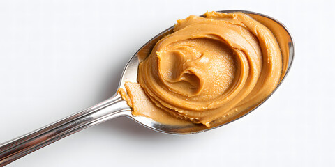 Top-view image of a spoon filled with peanut butter, isolated against a white background.