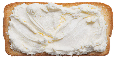 Overhead view of a cream cheese–covered slice of bread placed on a white background