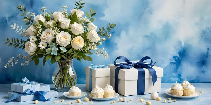 Elegant White Day celebration scene with white roses, gift boxes tied with blue ribbons, and vanilla cupcakes on a soft blue background. Clean, romantic, festive composition.