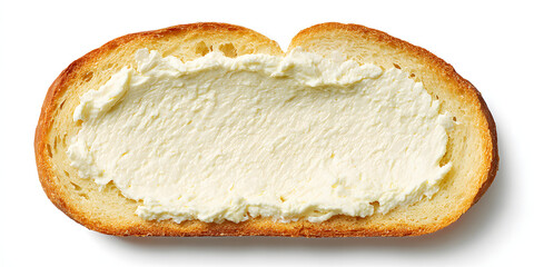 High-resolution overhead shot of a bread slice covered with smooth cream cheese against a white backdrop
