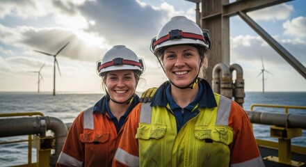 Two smiling female wind turbine technicians stand confidently on a platform near offshore windmills, embodying renewable energy solutions.