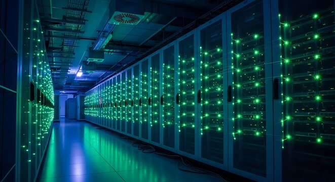 Modern Server Farm Corridor with Glowing Green Racks.