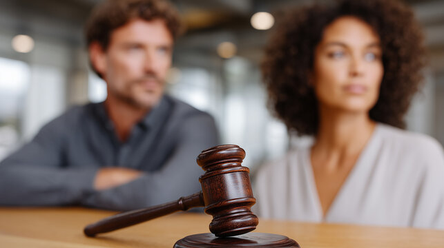 Gavel on table with man and young woman in serious discussion, symbolizing legal conflict, mediation, divorce