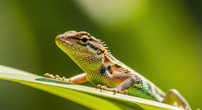 Detailed close up of an oriental garden lizard resting on a vibrant green leaf in its natural habitat basking in the sun.