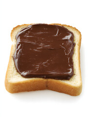 Low-view image of a toast slice coated with chocolate spread on a clean white backdrop.