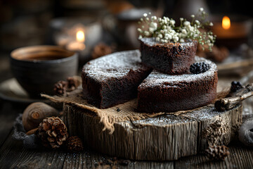 Kladdkaka. Traditional Swedish moist chocolate cake on old rustic wooden table decorated dry twigs, pine cones and birch bark. Fika. Hygge