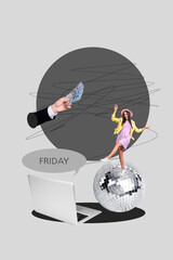 Banner 3d art pop image collage of happy girl guy stand laptop disco ball friday mood celebration occasion relax weekend event