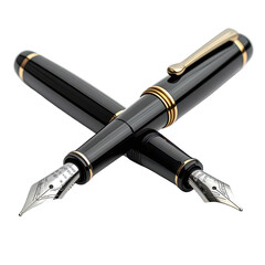 Two elegant, glossy black pens are crossed in a professional setting