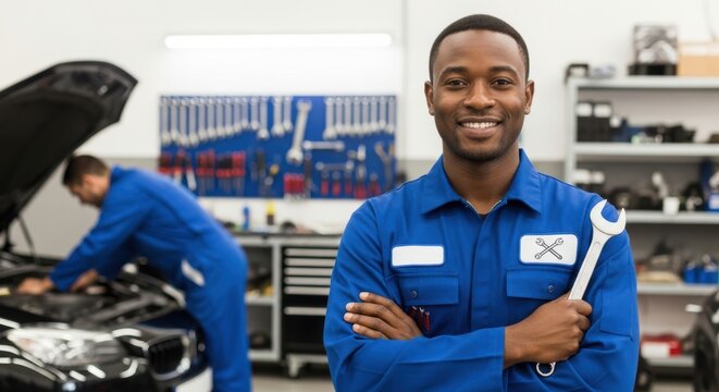 Confident African American mechanic standing in auto repair shop holding wrench with another mechanic working on a car in the background.