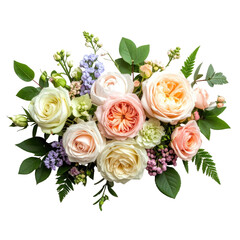 Floral arrangement featuring roses, other flowers, and leafy greenery