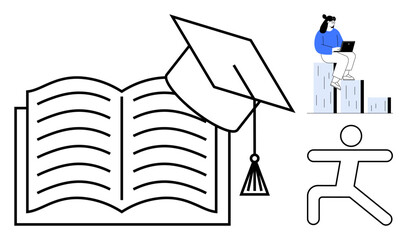 Open book with graduation cap symbolizing learning, student with laptop on bar graphs and person in yoga pose. Ideal for education, knowledge, success, achievement, self-improvement, wellness