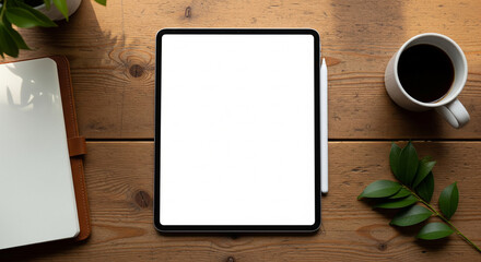 Title: High-Resolution Tablet Mockup on Wooden Desk with Blank Screen for App UI Design Presentation and Digital Product Showcase