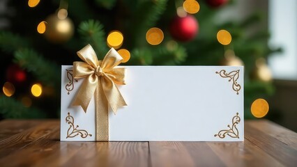 Mockup design of gift card or certificate decorated with golden bow with empty place for text on the Christmas tree lights background. Invitation card. Business card with copy space. New year postcard