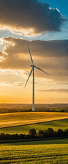 Obraz premium Panoramic landscape at sunset with dramatic clouds and golden sunlight