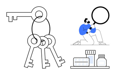 Keys on a ring, man inspecting with a magnifying glass, and shelves with medical bottles and supplies. Ideal for investigation, solutions, security, analysis, healthcare, research simple flat