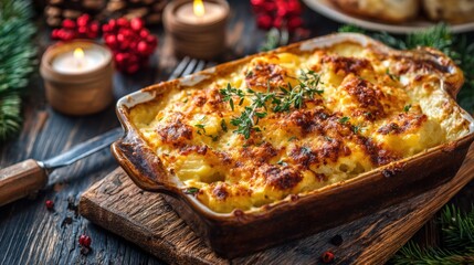shot of a bubbling, golden-brown potato gratin or scalloped potatoes dish topped with melted cheese and fresh thyme, served in a ceramic dish, surrounded by festive holiday decor and candles