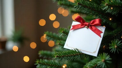 Mockup design of gift card or certificate decorated with bow with empty place for text against the Christmas tree lights background. Invitation card. Business card with copy space. New year postcard.