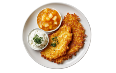 Culinary photography featuring freshly fried latkes with creamy dipping sauces in a cozy home setting