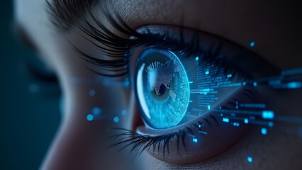 Closeup of a futuristic blue eye with digital data streams flowing