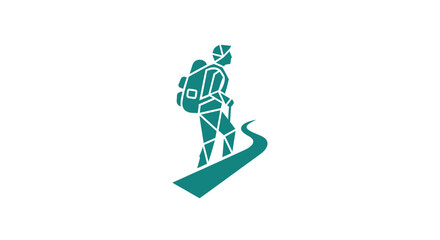 Low-poly hiker with backpack, stick, and winding path