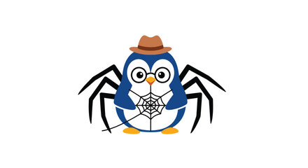Cartoon penguin spider hybrid with hat and web