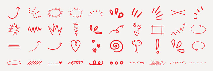 Collection of red hand-drawn arrows, hearts, and doodles. Includes swirls, lines, and symbols. Red doodles and arrows in various playful styles. Colorful doodle elements, vector set. © Rawpixel.com