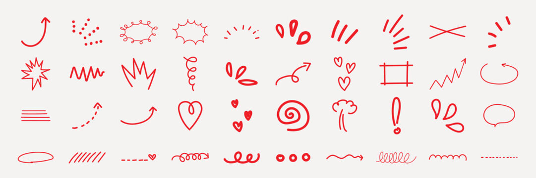 Collection of red hand-drawn arrows, hearts, and doodles. Includes swirls, lines, and symbols. Red doodles and arrows in various playful styles. Colorful doodle elements, vector set.