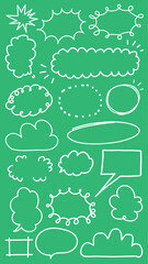 Collection of hand-drawn speech bubbles on a green background. Various shapes include clouds, ovals, and rectangles. Perfect for creative designs and illustrations. White doodle elements, vector set.