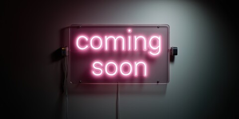 Glowing neon sign with pink 'coming soon' text on dark wall