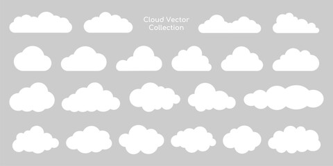 Vector cloud collection featuring various cloud shapes. Cloud design elements on a gray background. Perfect for cloud-themed projects and cloud illustrations. Weather illustration, vector set.