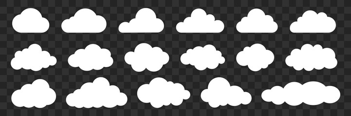 Obraz premium Set of 18 white cloud icons on a transparent background. Cloud icons vary in shape and size. Perfect for weather, sky, or nature-themed designs. Weather illustration, vector set.