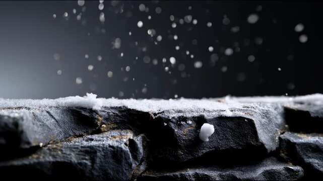 Falling snowflakes settle on the dark rocky surface, gradually building a thin fluffy layer of snow along its uneven edges