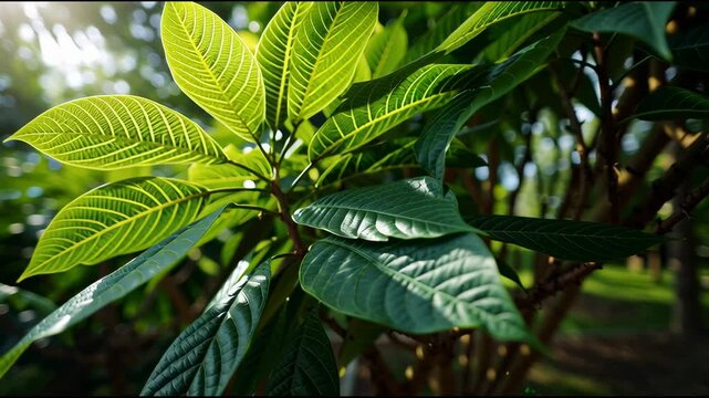 Close-up of vibrant green leaves with intricate vein patterns in natural sunlight