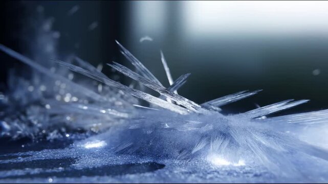 Sharp ice crystals slowly grow and spread across a cold dark surface, forming an increasingly dense and shimmering layer