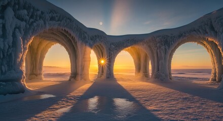 Majestic Ice Cave Arches Bathed in Golden Sunset Light.