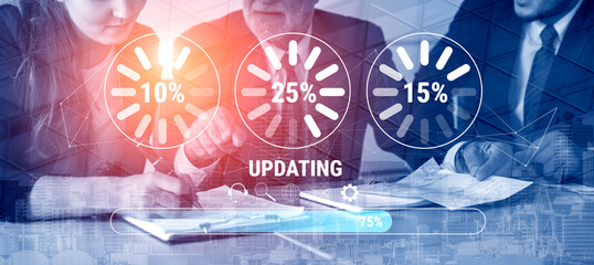 A concept of a system update and software installation. A progress bar and loading icons showing the update percentage and status. Motif