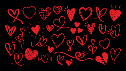 A collection of red heart doodles on a black background. Various heart shapes, red hearts, and heart designs. Red heart illustrations in different styles. Cute hand drawn Valentine's Day vector set.