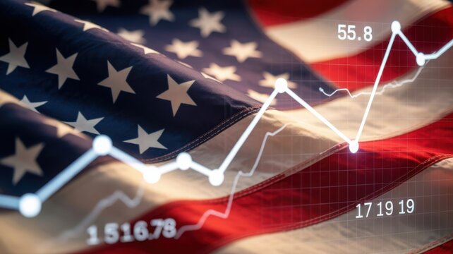 The American Flag, with an overlayed graph, highlighting financial trends. The image showcases the nation's economic progress and prosperity
