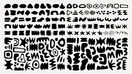 Abstract black shapes on white background. Various abstract shapes, abstract patterns, and abstract designs create a dynamic abstract visual. Black and white vector set.